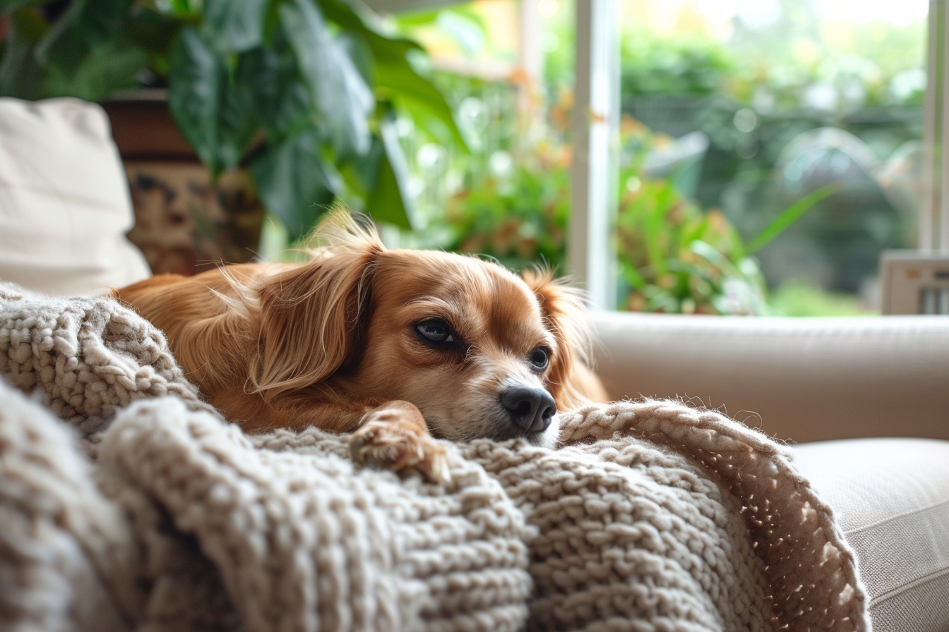 Chien âgé se reposant paisiblement dans sa nouvelle maison à Evry Courcouronnes après un déménagement serein